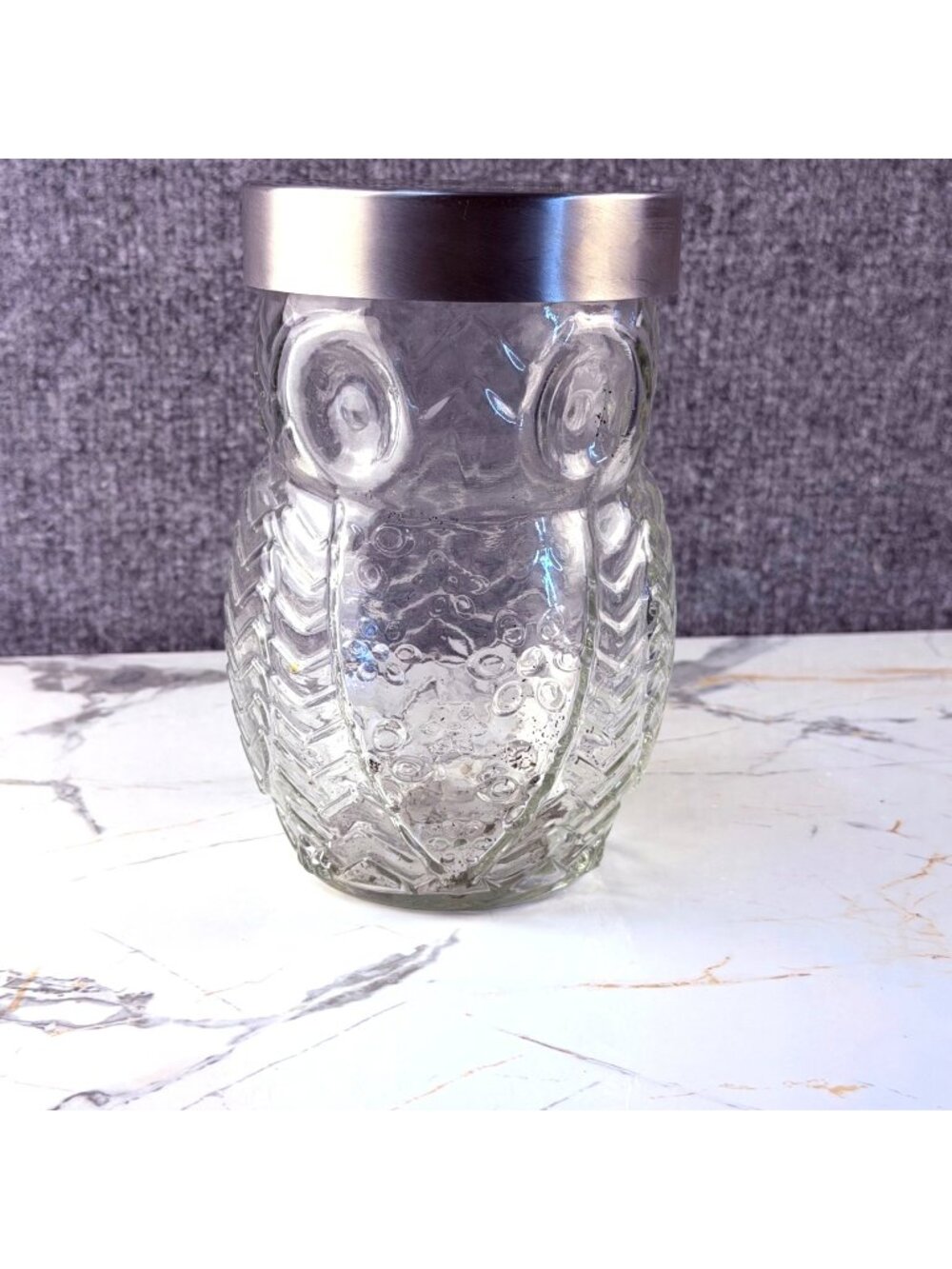 Circleware Embossed Glass Owl Canister Storage Jar with Silver Lid